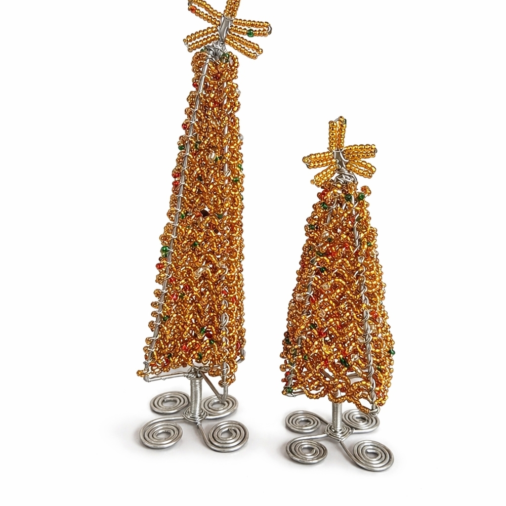 Handmade Beaded Wire Christmas Tree Decor Set – Gold Holiday Tabletop Decor